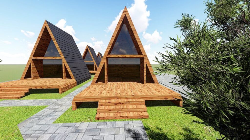 Modern A-frame üçgen ahşap bungalov ev projesi ve veranda tasarımı